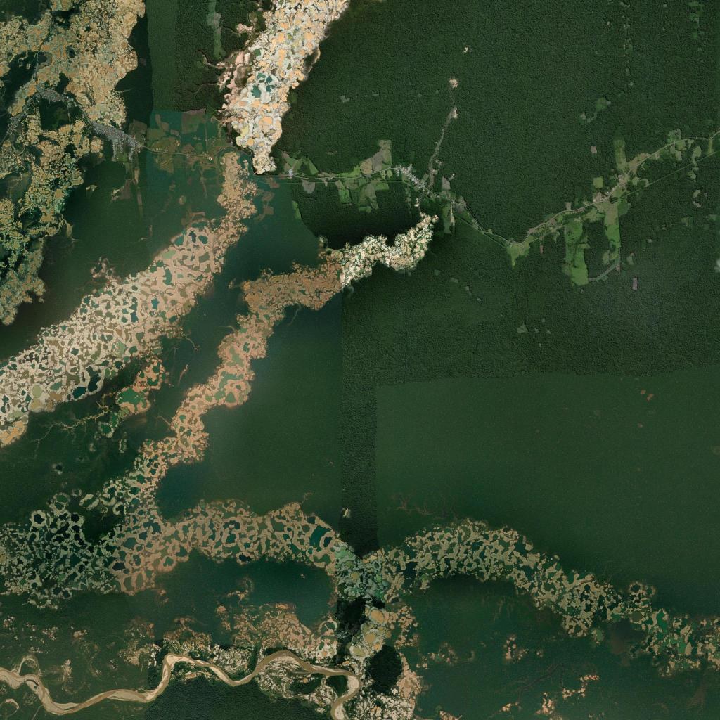 Gold-mining scars cratering the rainforest of Madre de Dios, Peru, seen from orbit